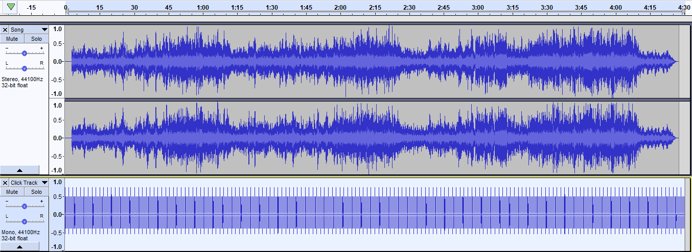 Audacity main screen showing song track and rhythm track